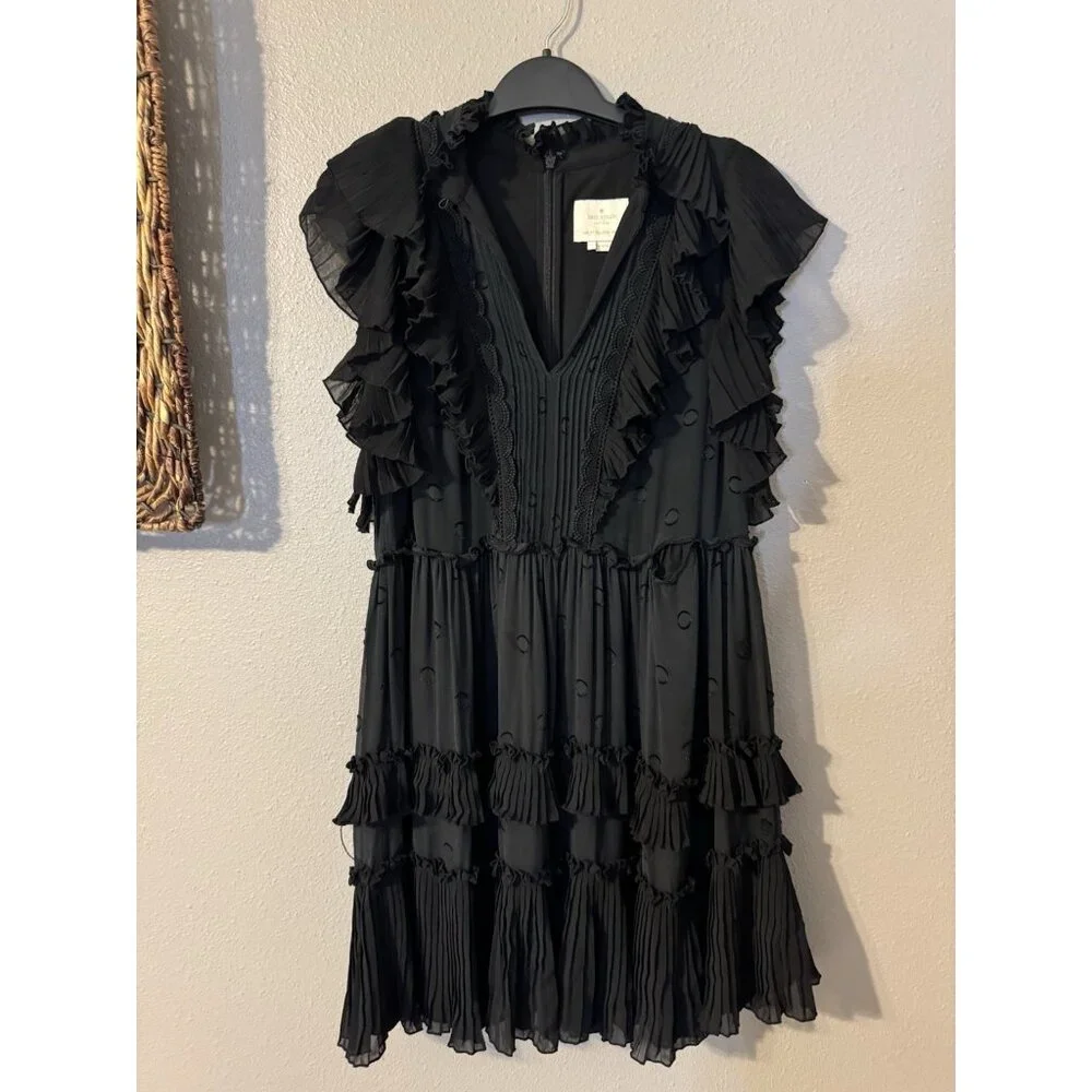 Kate Spade Devore Dress 6 Black Silk Mix Bakery Dot Ruffle Dress